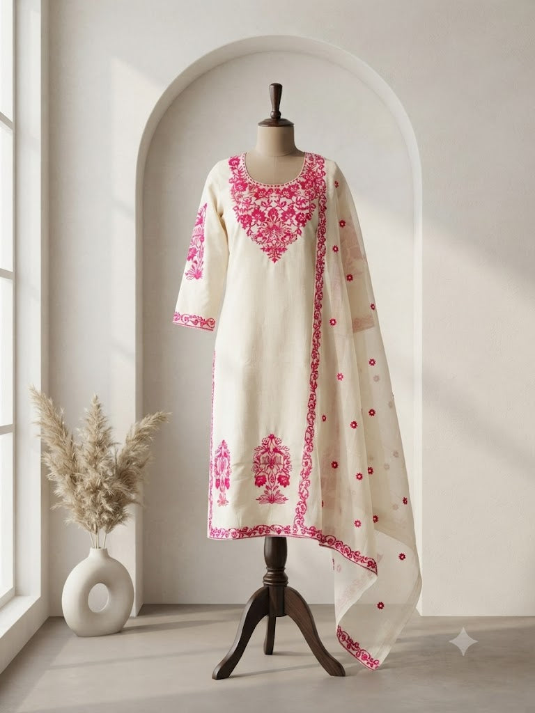 CREAM FLORAL COTTON KURTI SET-1209