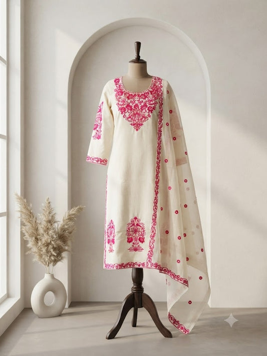 CREAM FLORAL COTTON KURTI SET-1209