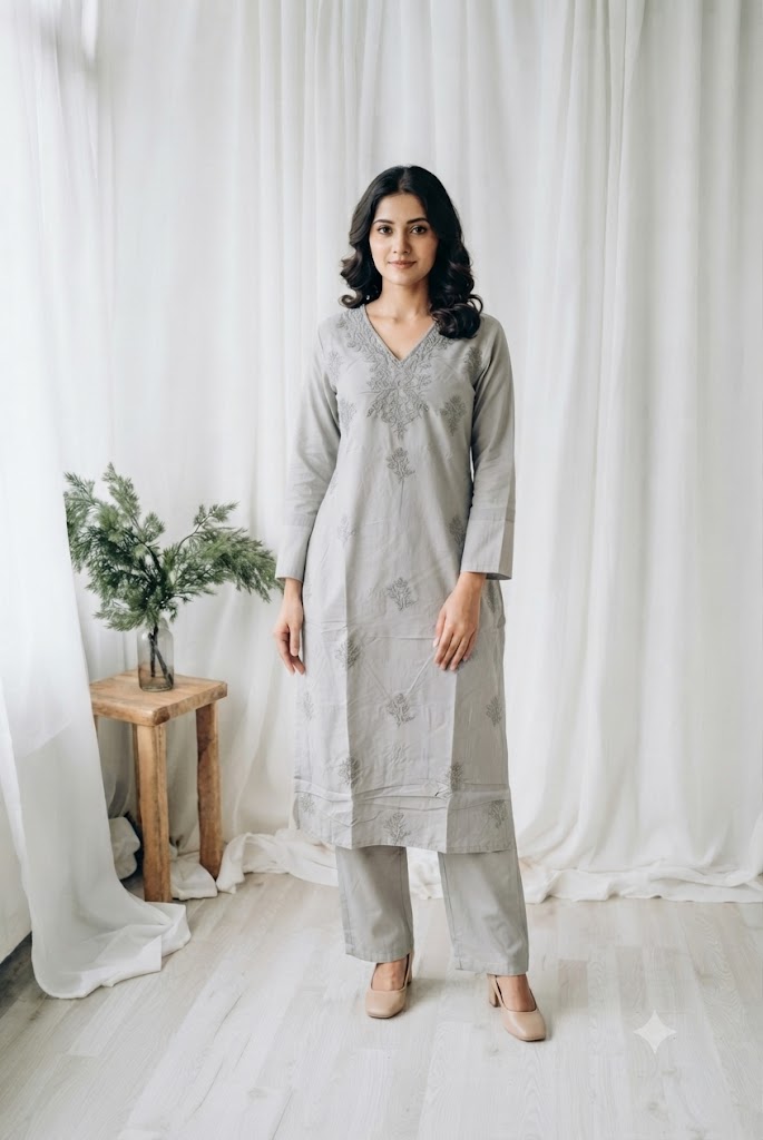 GREY CHIKANKARI COORDSET-0138