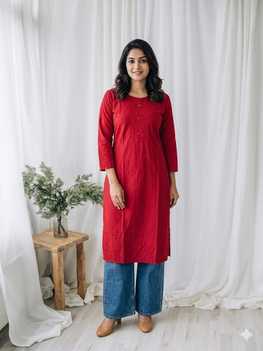 RED CHIKANKARI KURTI-1505