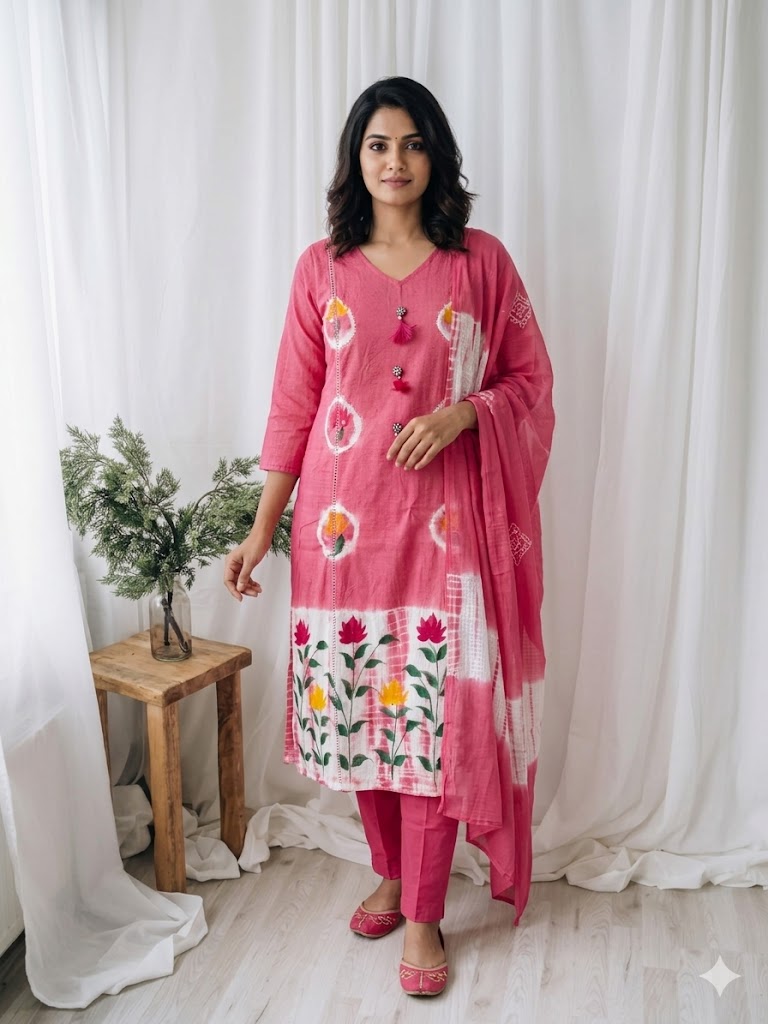 PINK COTTON BRUSH PAINT KURTI SET-1465