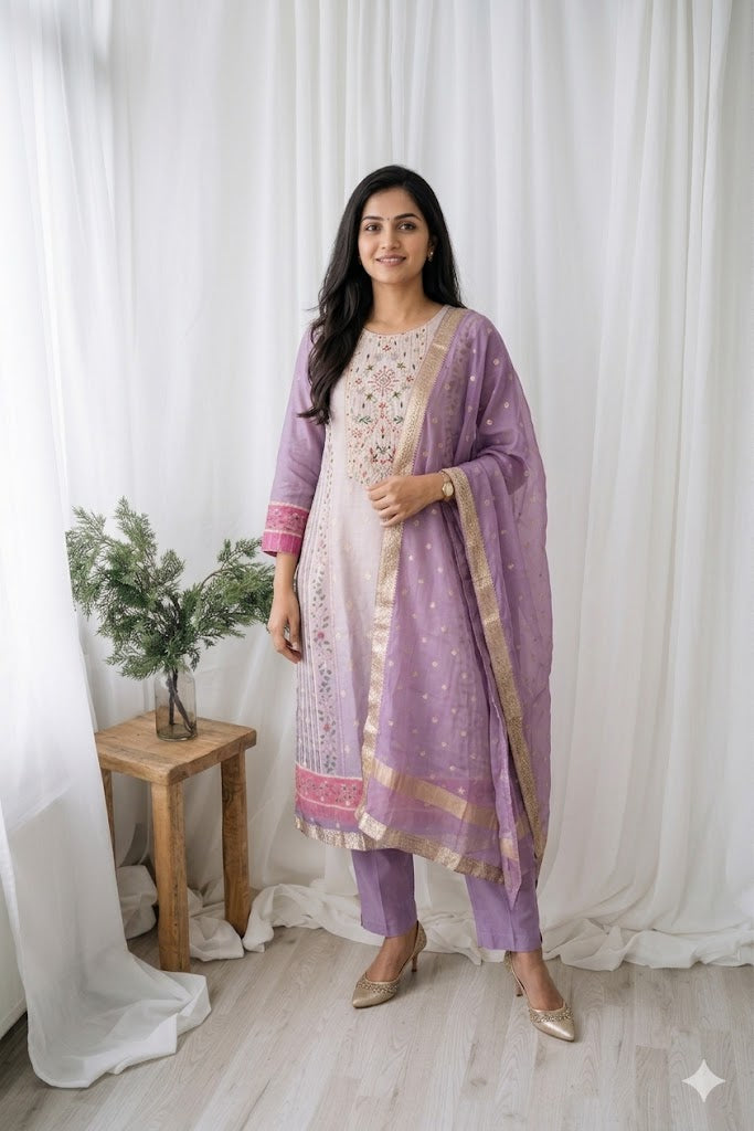 LAVENDER SILK PRINT ETHNIC SUIT-1464