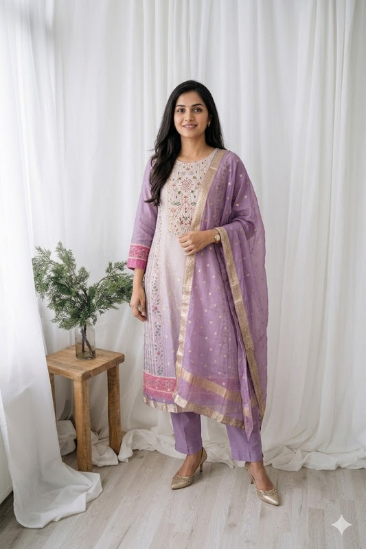 LAVENDER SILK PRINT ETHNIC SUIT-1464