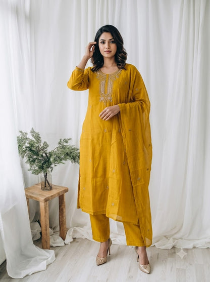 YELLOW CHANDERI ETHNIC SUIT-1725