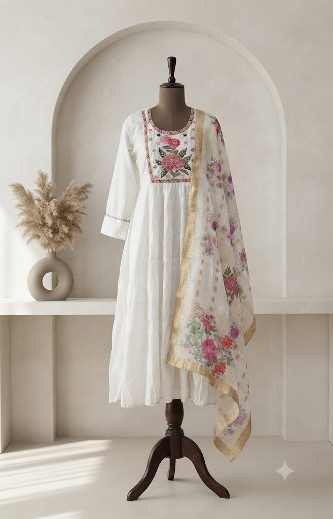 WHITE SILK TOP & DUPATTA SET-3018