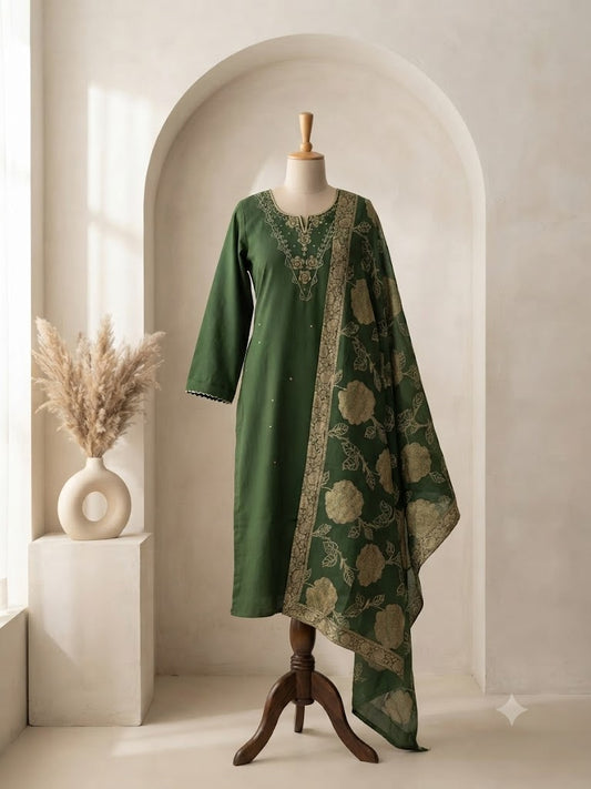 ROYAL WEAVE MEHENDI GREEN ETHNIC SUIT-1575