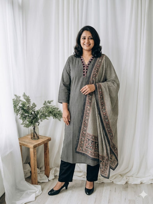 CHARCOAL STRIPES ETHNIC SUIT-1256
