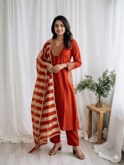 ORANGE CHANDERI ETHNIC SUIT-2103