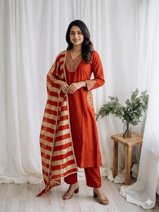 ORANGE CHANDERI ETHNIC SUIT-2103