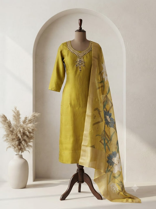 LEMON YELLOW SILK ETHNIC SUIT-1327