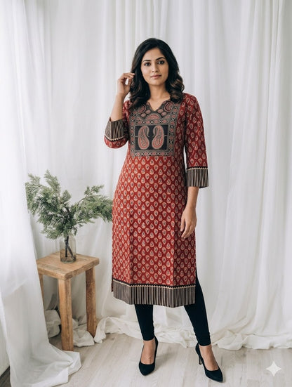 MAROON COTTON PRINT KURTI-6035