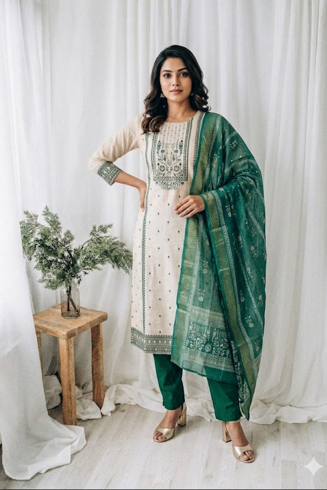 CREAM WEAVE ETHNIC SUIT-1509