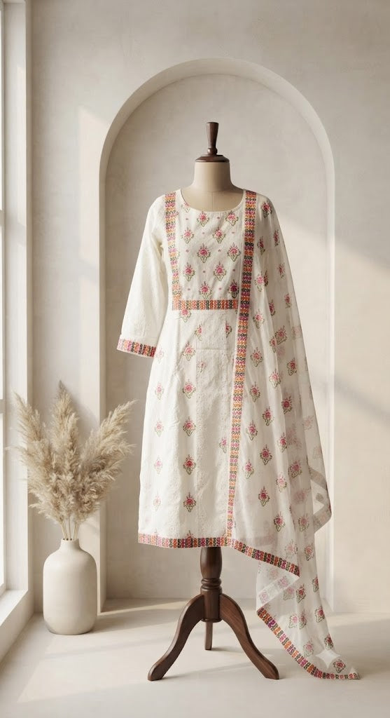 WHITE FLORAL PRINT KURTI SET-1605