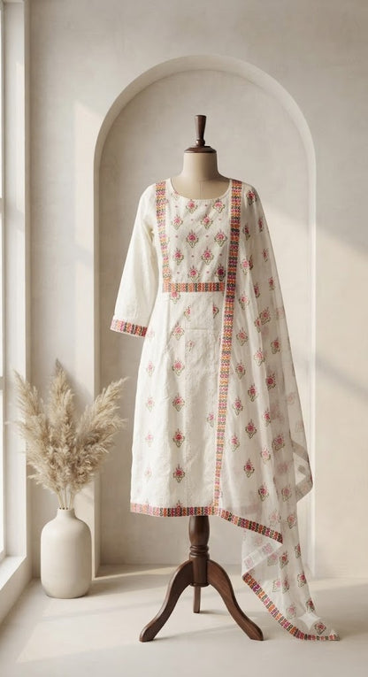 WHITE FLORAL PRINT KURTI SET-1605