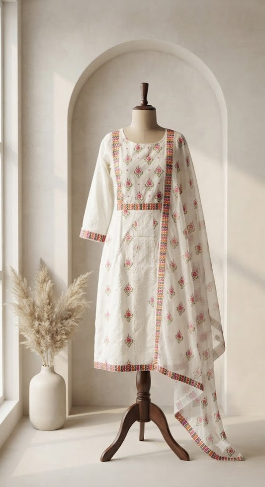 WHITE FLORAL PRINT KURTI SET-1605