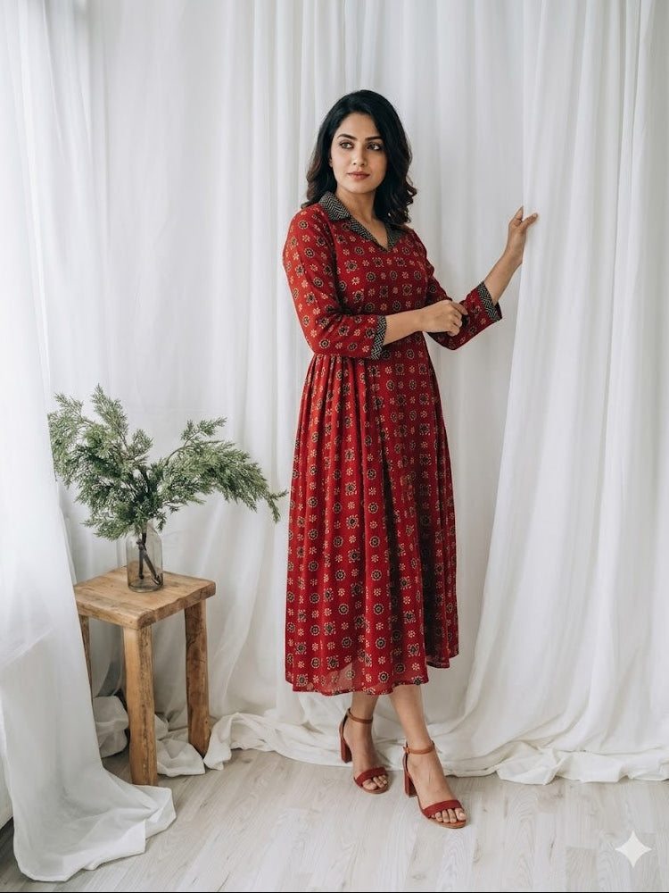 INDIE COLLAR MAROON DRESS-3025