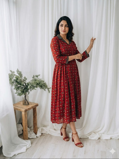 INDIE COLLAR MAROON DRESS-3025