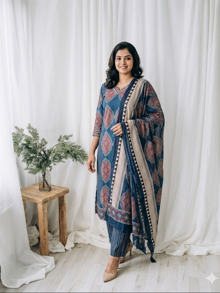 INDIGO AJRAKH KURTI SUIT-1331