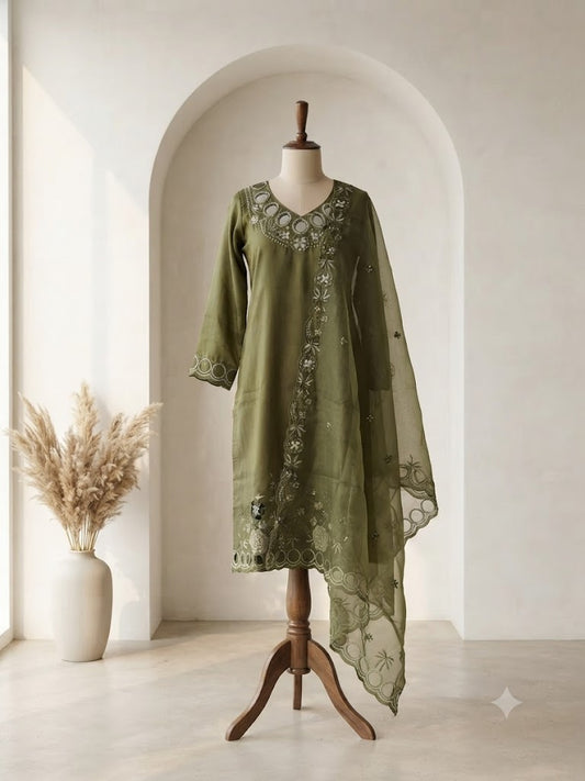 GREEN SILK ETHNIC SUIT-1318