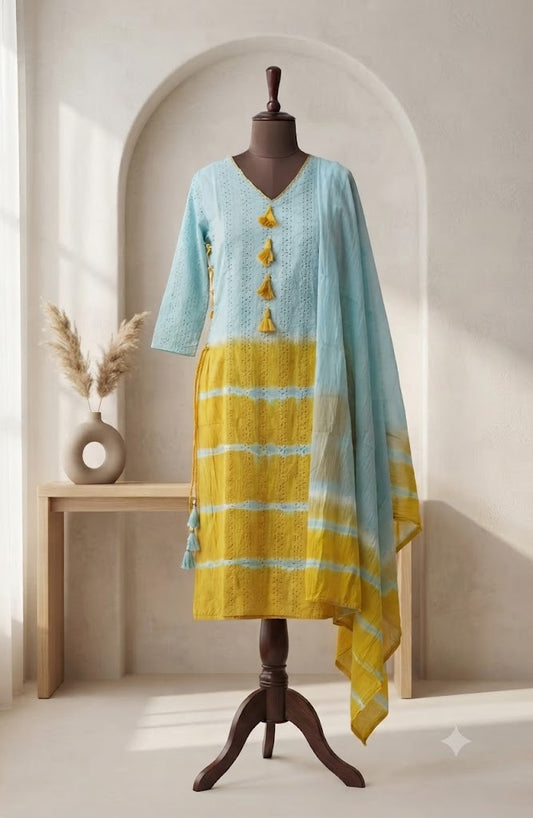 BLUE YELLOW  TIE & DYE COTTON KURTI SET-1796