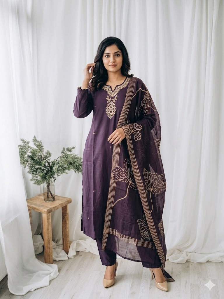 ROYAL WEAVE PLUM ETHNIC SUIT-1573