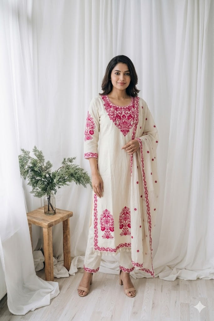 CREAM FLORAL COTTON KURTI SET-1209