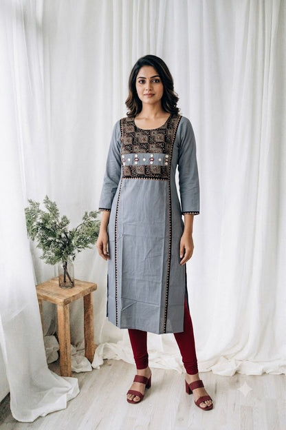 AJRAKH MIRROR GREY KURTI-6089