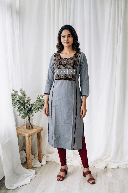 AJRAKH MIRROR GREY KURTI-6089