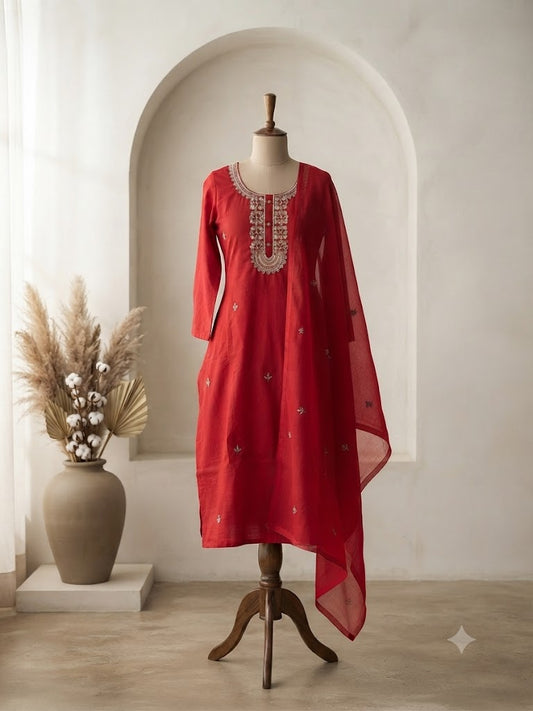 RED CHANDERI ETHNIC SUIT-1716