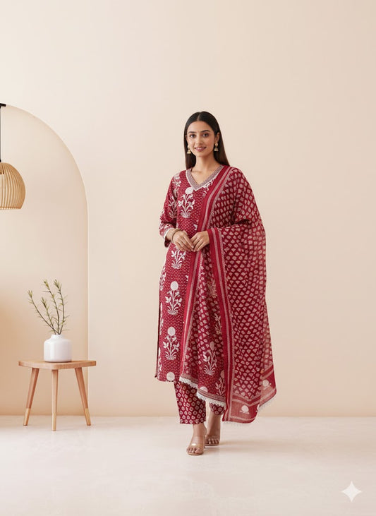 RED FLORAL KURTI SET-1513