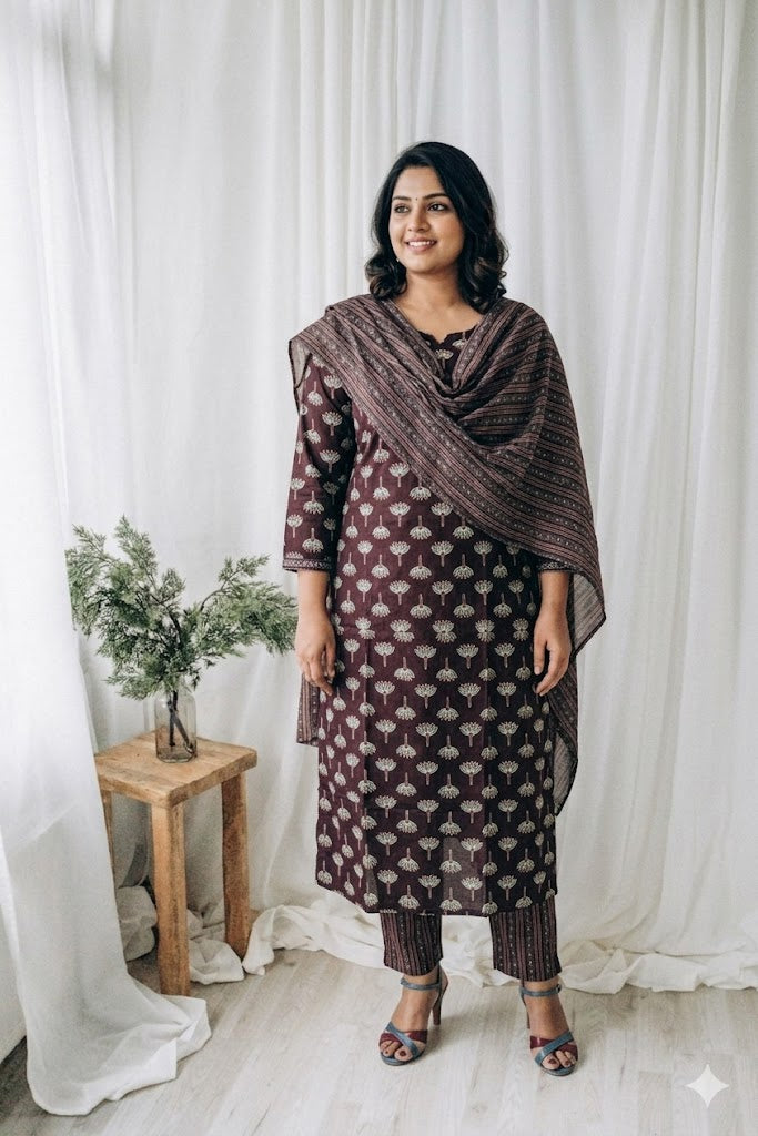 LOOM & BLOOM KURTI SET-BROWN-1246
