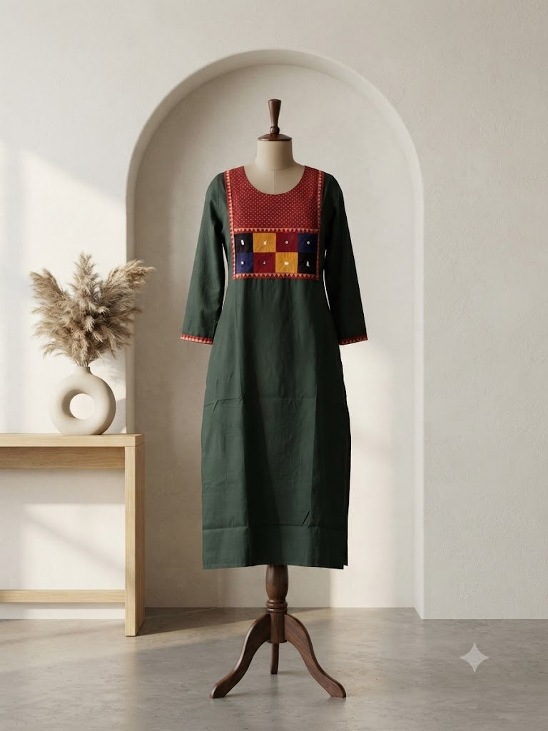 AJRAKH PATCH GREEN KURTI-6092