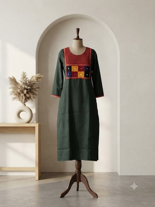 AJRAKH PATCH GREEN KURTI-6092