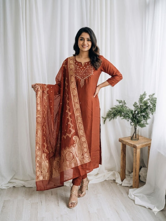 ROYAL WEAVE RUST ETHNIC SUIT-1579