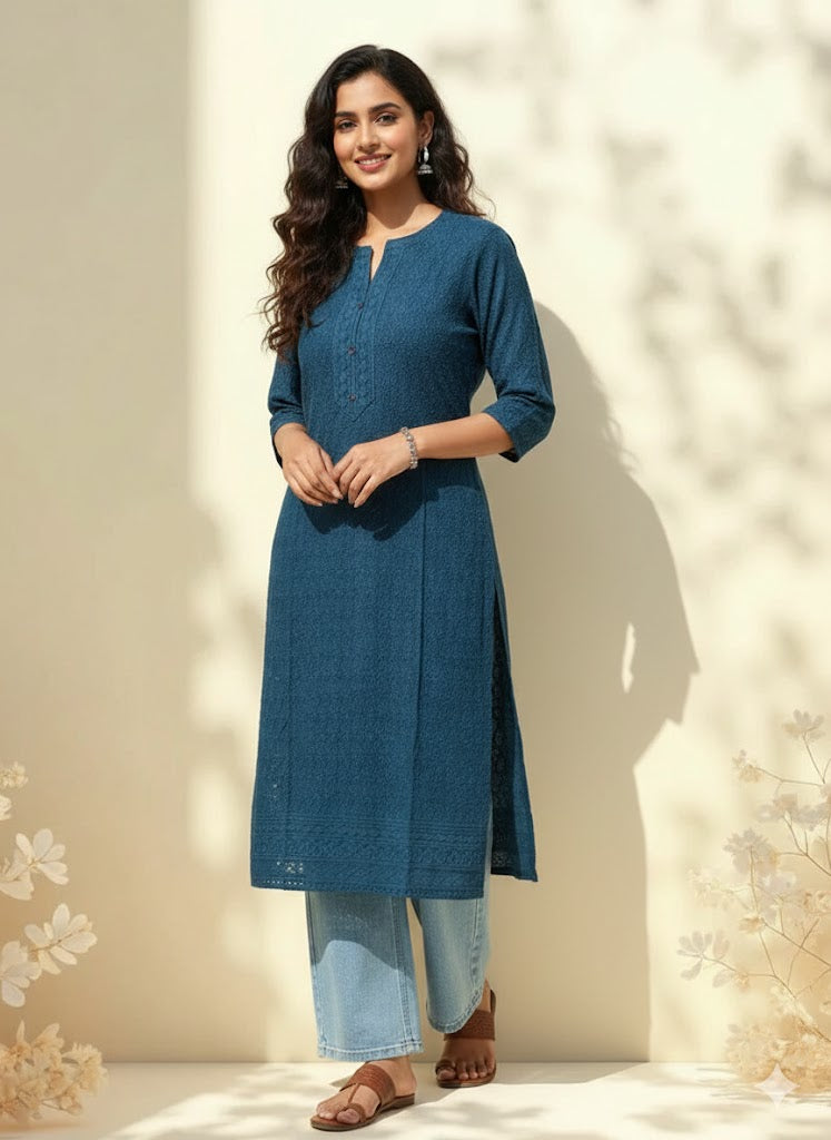 TEAL CHIKANKARI KURTI-1505