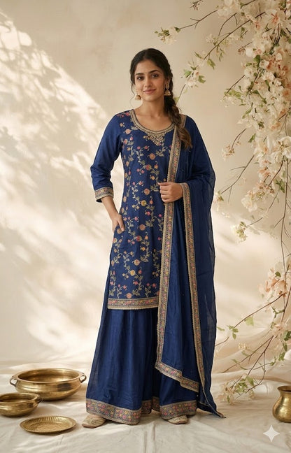 JACQUARD NAVY SHARARA SUIT-1373