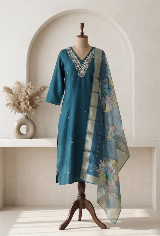 BLUE SILK ETHNIC SUIT-1131