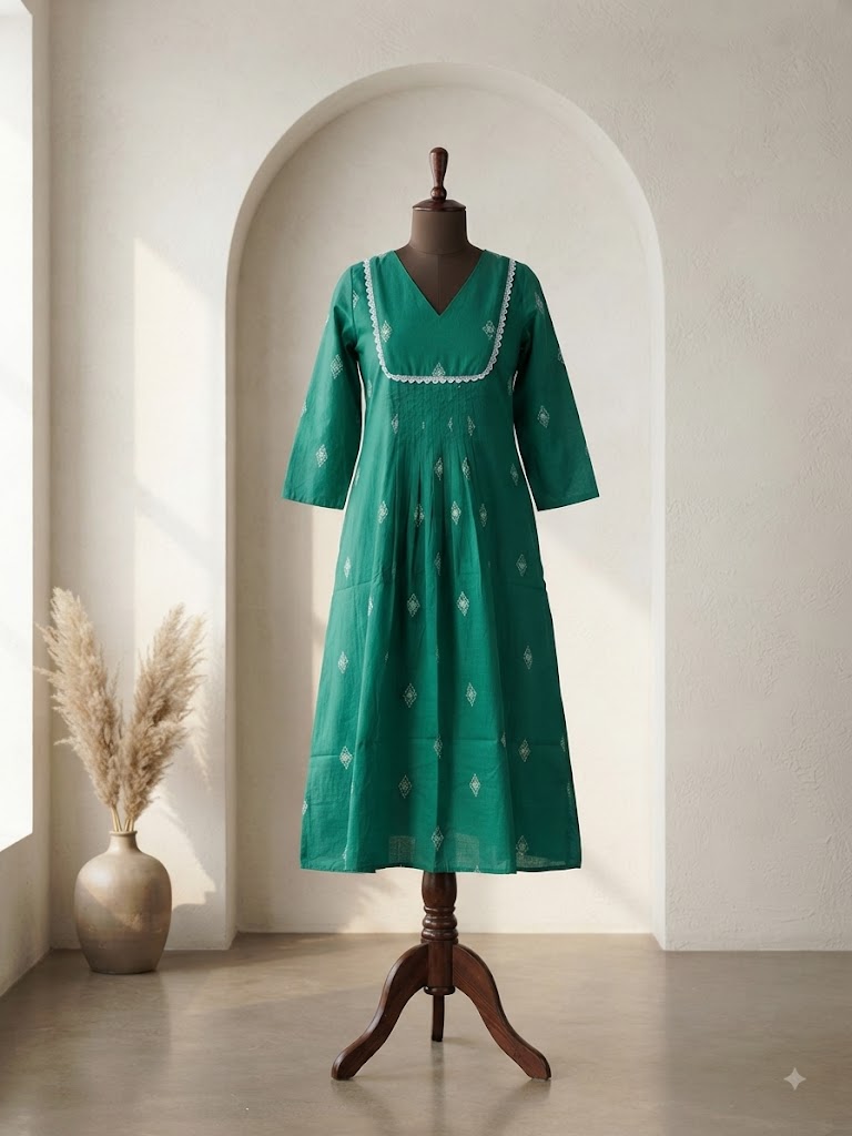 HANDLOOM LACE AQUA GREEN KURTI-6128