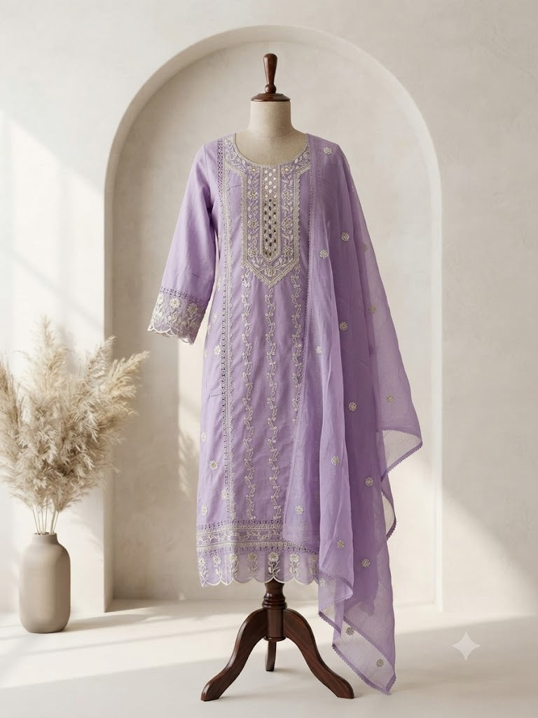 LAVENDER CHIKANKARI KURTI SET-1694