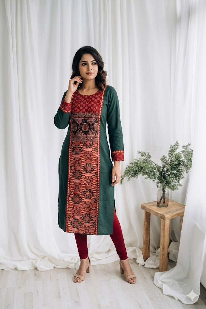 AJRAKH ESSENCE BOTTLE GREEN KURTI-6037