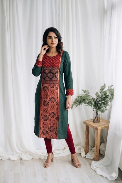 AJRAKH ESSENCE BOTTLE GREEN KURTI-6037