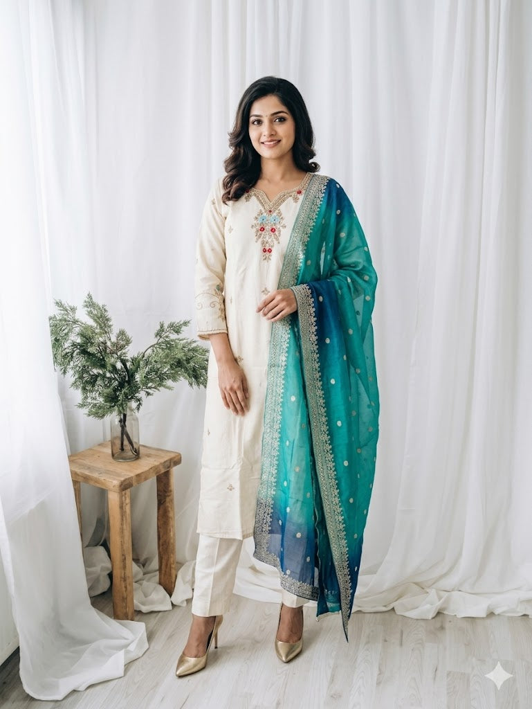 CREAM BANARASI SILK  ETHNIC SUIT-1481