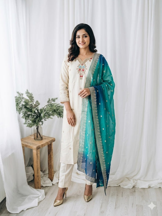 CREAM BANARASI SILK  ETHNIC SUIT-1481