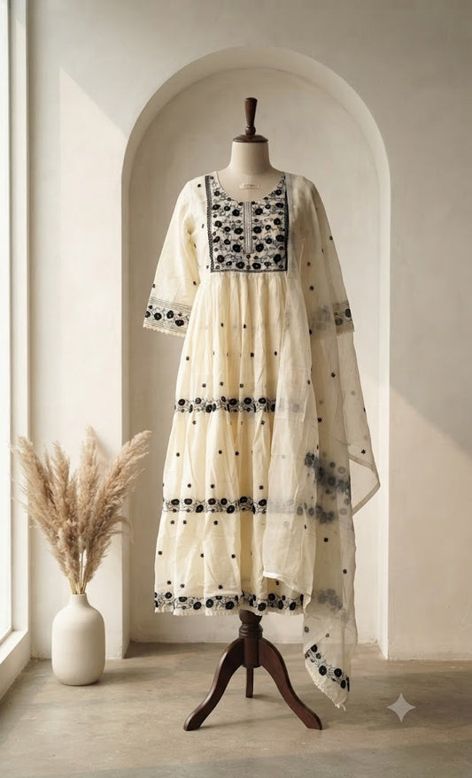 CREAM MUL COTTON KURTI SET-2066