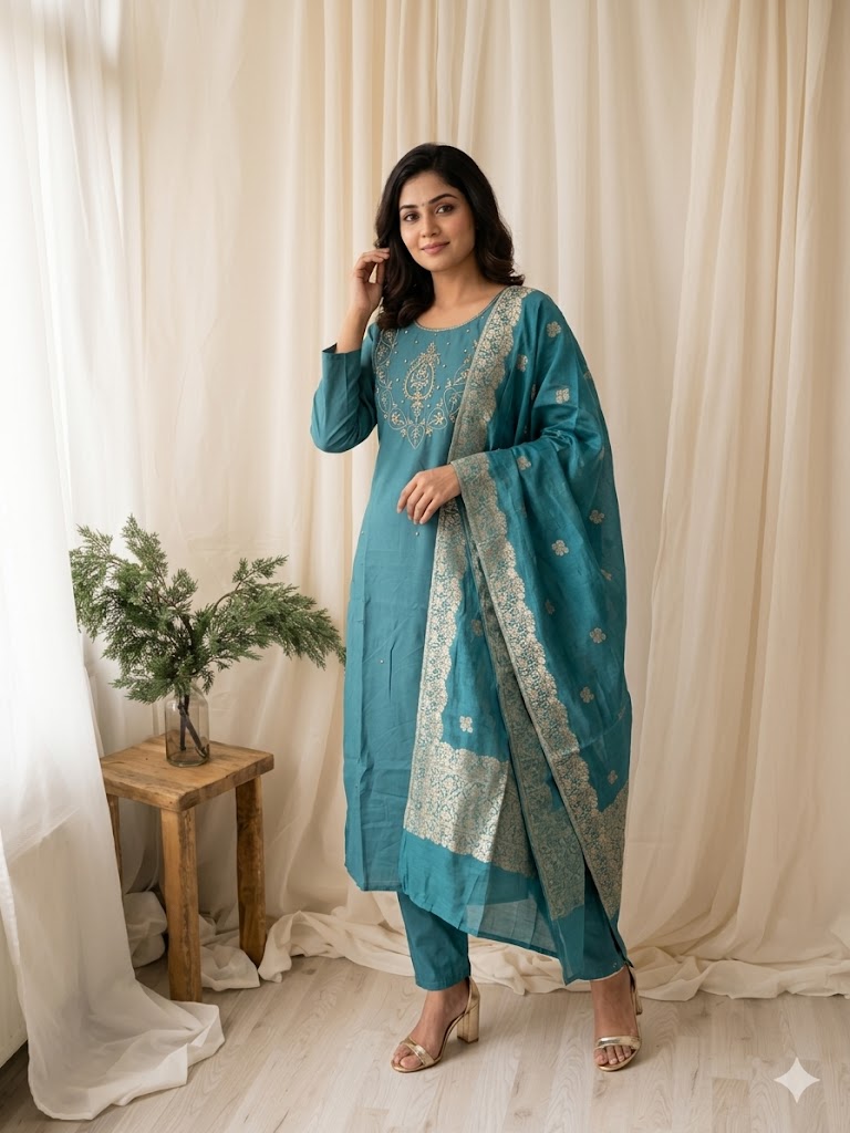 ROYAL WEAVE POWDER BLUE ETHNIC SUIT-1578