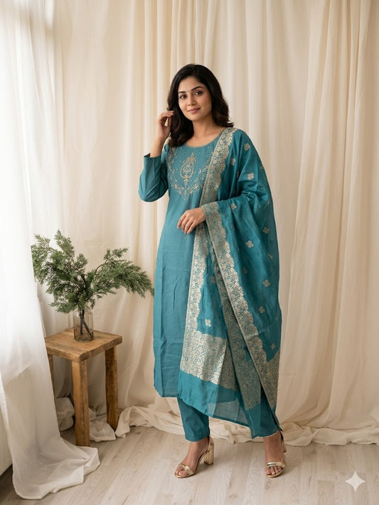 ROYAL WEAVE POWDER BLUE ETHNIC SUIT-1578