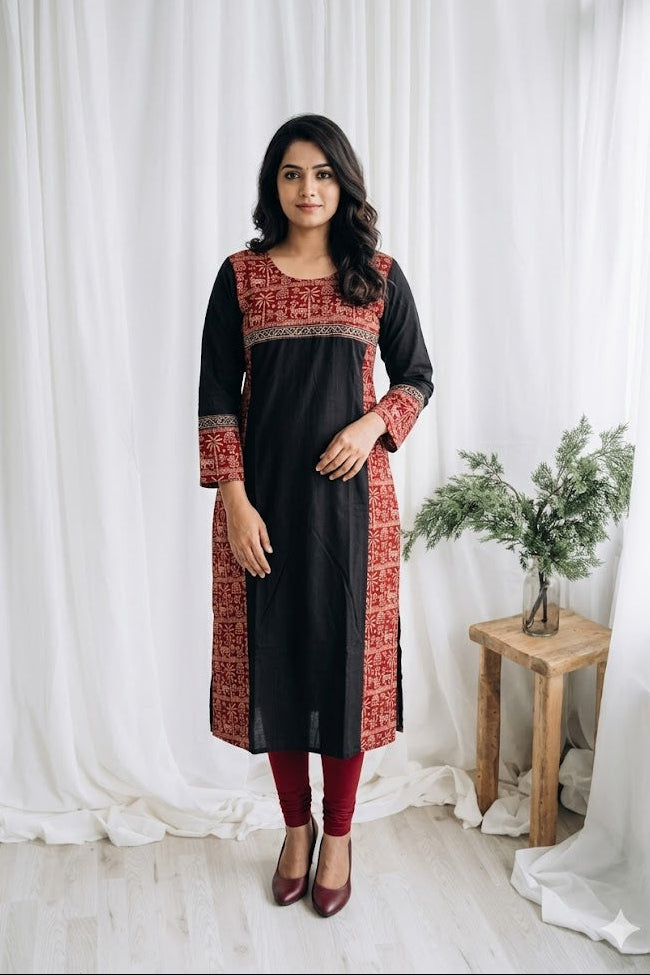 BLACK WARLI PRINT KURTI-6040