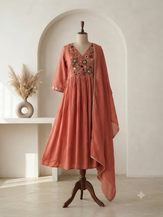 PEACH CHANDERI ETHNIC SUIT-1707