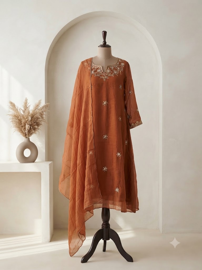 CARAMEL VISCOSE ORGANZA ETHNIC SUIT-1778