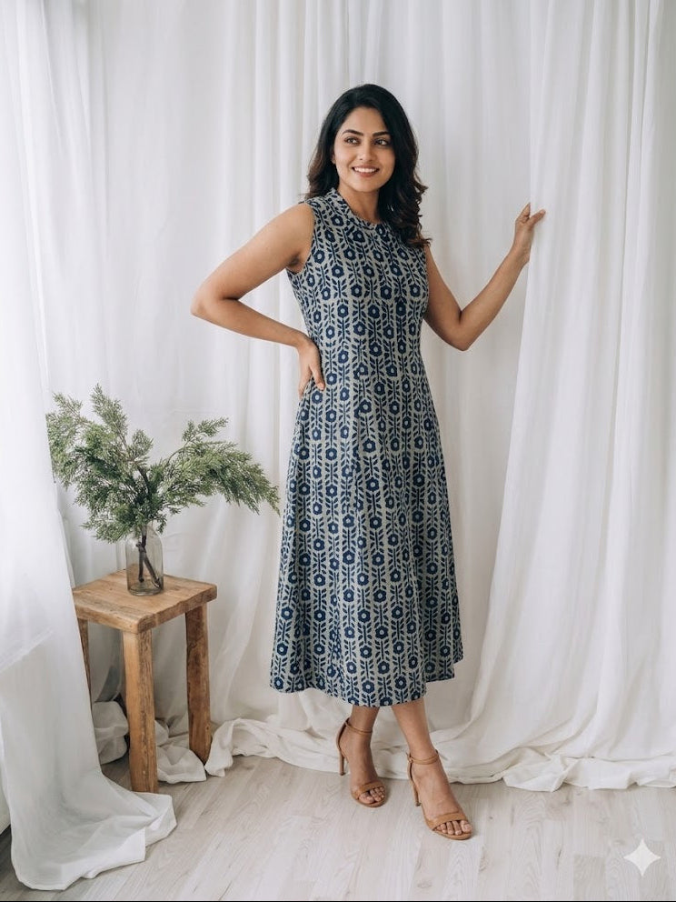 INDIE PRINT DRESS - INDIGO-3029